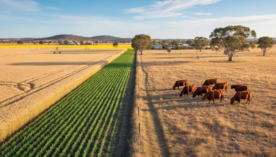 Wide view of Australian farmland showing wheat fields in foreground and cattle grazing in distant pasture