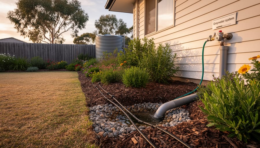 Thriving backyard garden irrigated by greywater system in Australian suburban home