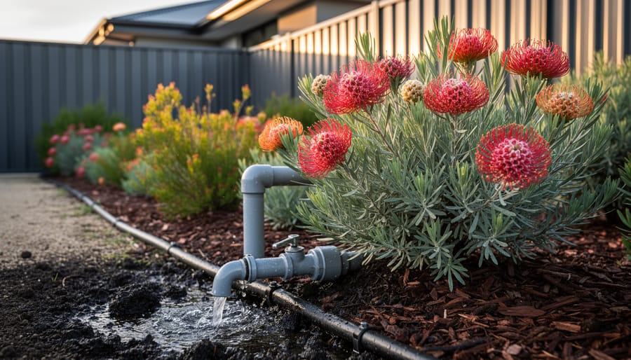 Thriving Australian native plants including grevillea and kangaroo paw in greywater-irrigated garden