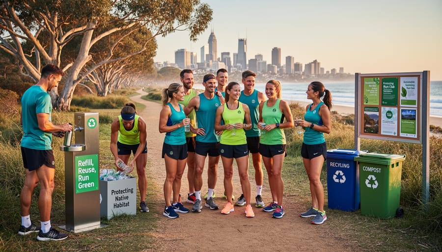 Group of runners with bicycles socializing after training session on coastal path