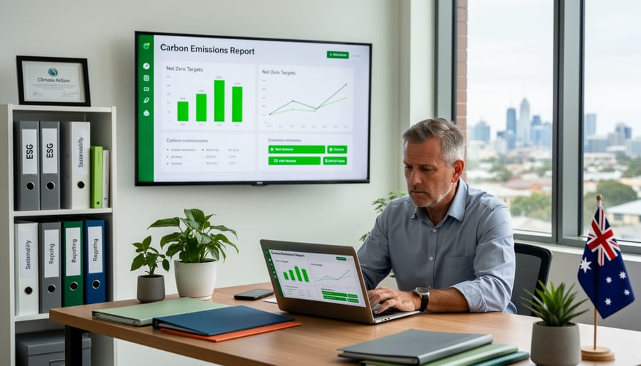 Australian business owner reviewing carbon accounting data on laptop in modern office