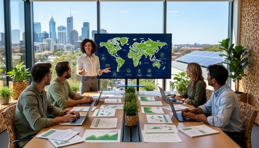 Australian entrepreneur presenting sustainable technology in modern workspace
