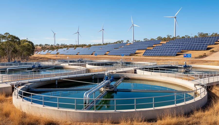 Modern Australian water treatment facility with integrated renewable energy systems