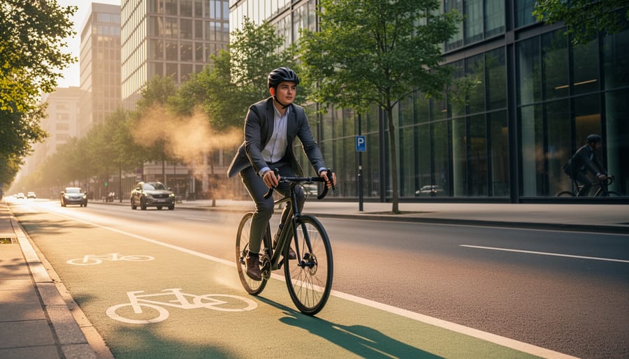Commuter cycling in urban bike lane during morning rush hour