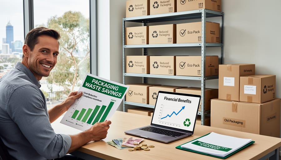 Business owner calculating cost savings from sustainable packaging practices with Australian currency and calculator