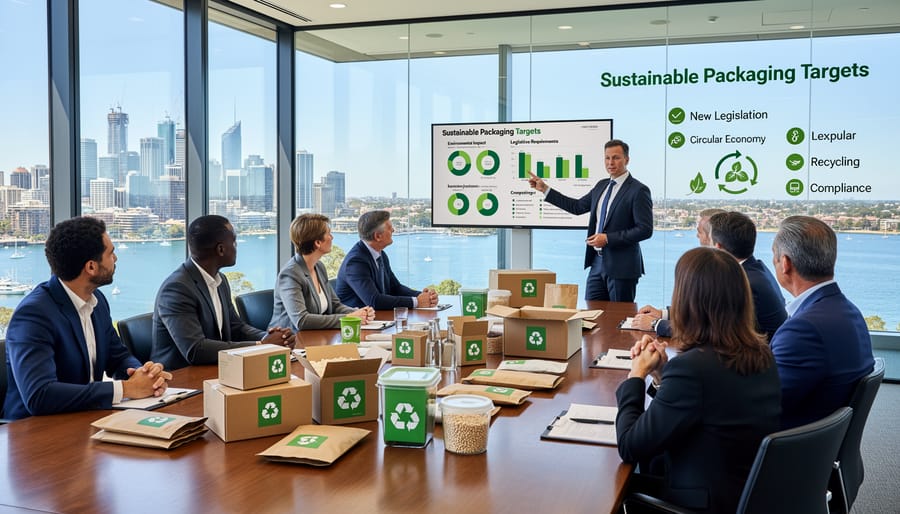 Diverse business team meeting to discuss sustainable packaging strategies and compliance