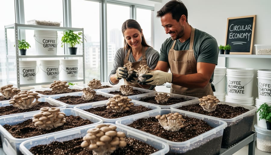 Coffee grounds being used as substrate for growing mushrooms in circular economy system