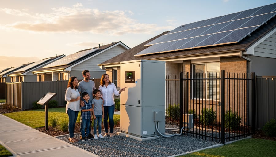 Community solar battery storage system installed in Australian suburban neighborhood park with residents in background
