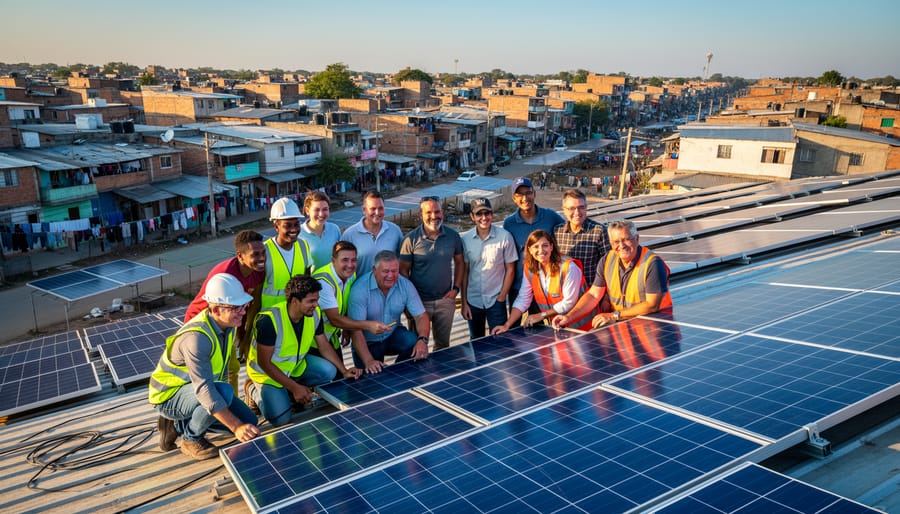 Diverse group of Australian community members standing together in front of solar-equipped social housing
