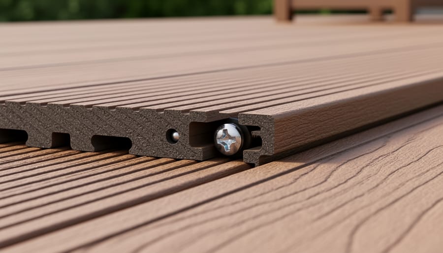 Overhead view of hands installing hidden fastening clips on grooved composite decking