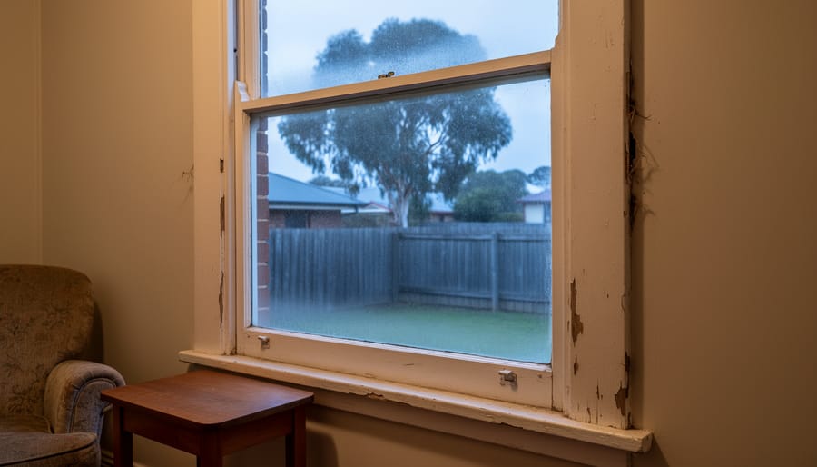 Close-up of weatherboard window frame showing gaps and aging detail in Australian home