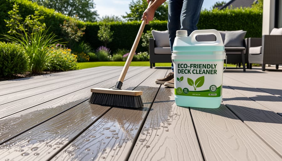 Person cleaning grooved composite deck with environmentally safe cleaning products