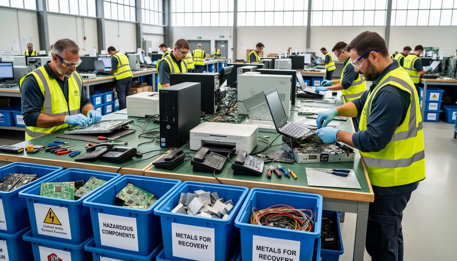 Technician dismantling electronic components for proper recycling and material recovery