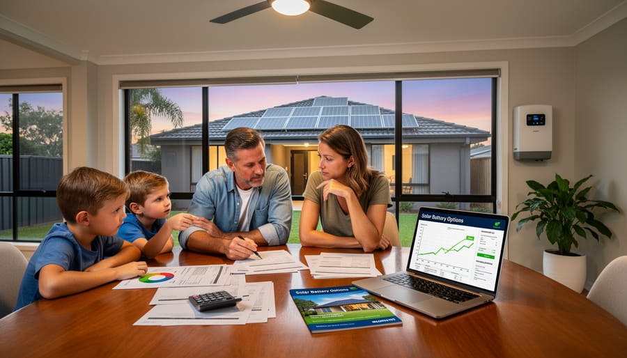 Australian family reviewing household energy bills at kitchen table with solar panels visible in background