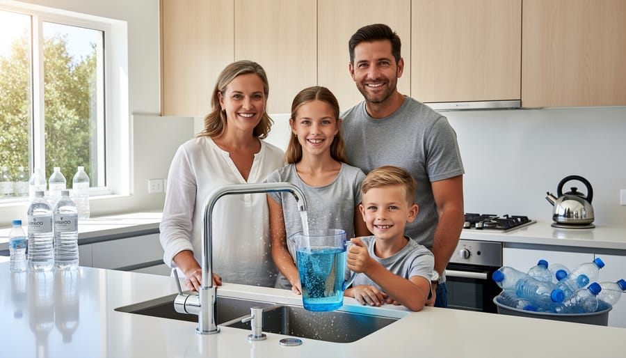 Australian family filling reusable water bottles from filtered kitchen tap