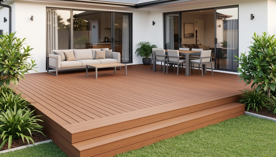 Completed grooved composite deck installation in Australian backyard setting with furniture