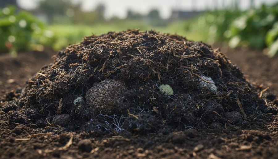 Close-up of dark rich finished compost with visible organic matter in hands