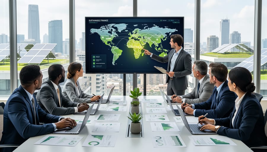 Business professionals collaborating on sustainable finance initiatives in modern office setting