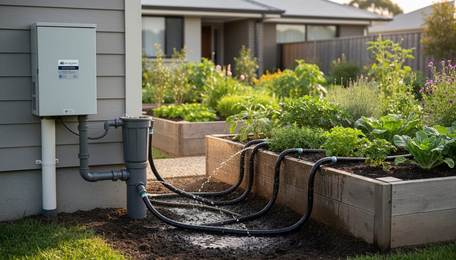 Laundry greywater flowing through pipe into mulched garden bed
