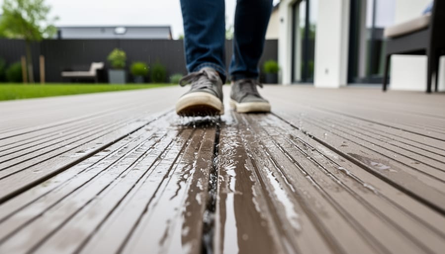 Close-up of grooved composite decking board surface with water droplets showing drainage design