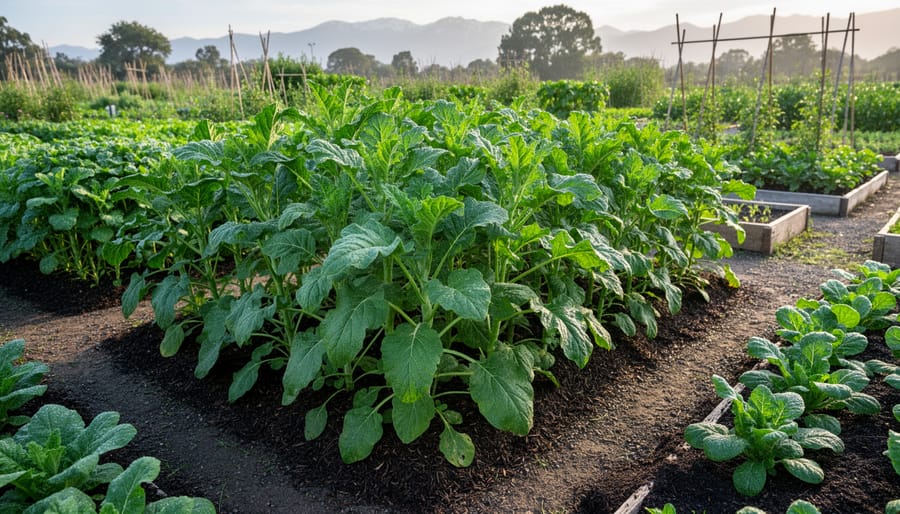 Thriving vegetable garden with healthy plants growing in nutrient-rich soil