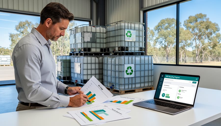 Business manager conducting IBC container inventory audit in storage yard
