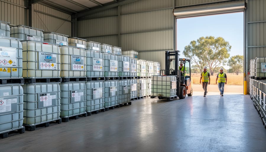 Stacked IBC intermediate bulk containers with metal cages in industrial warehouse setting