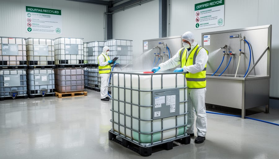 Worker inspecting IBC container at professional recycling facility