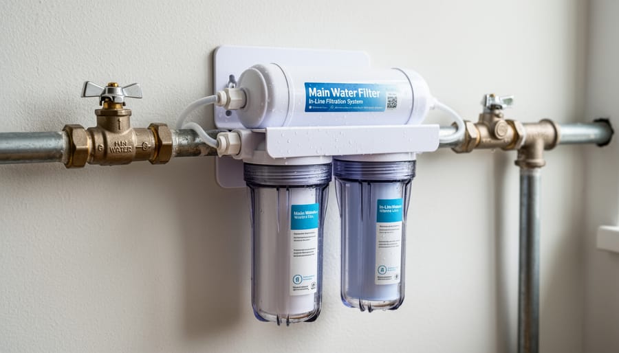 In-line water filter housing installed on copper pipes in Australian home
