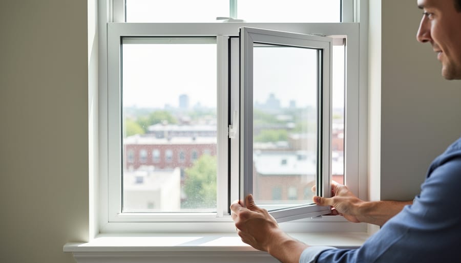 Hand demonstrating removable magnetic frame storm window installed on interior window