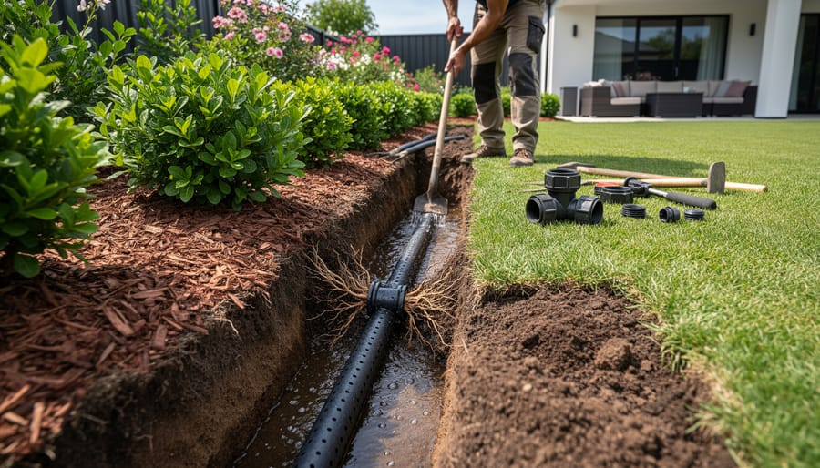 Hands installing subsurface irrigation tubing for greywater system