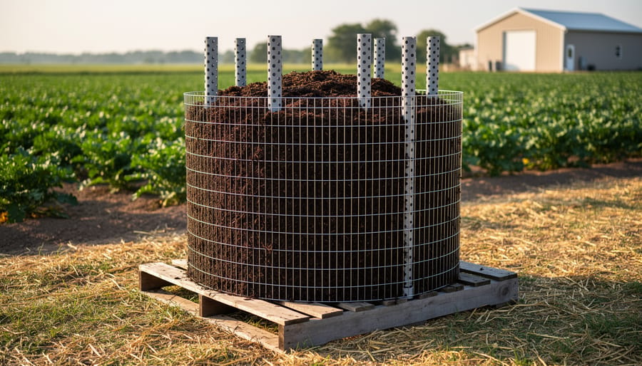 Wire mesh cylindrical composting bioreactor in backyard garden setting