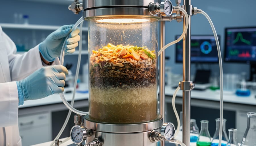 Gardener adding mixed organic materials to Johnson-Su composting bioreactor