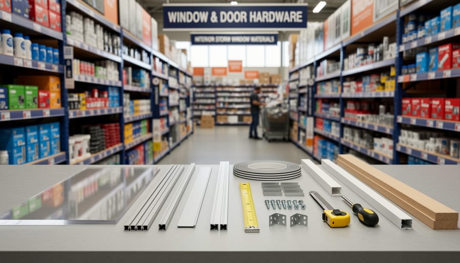 Materials and components for building DIY magnetic frame storm window laid out on workbench