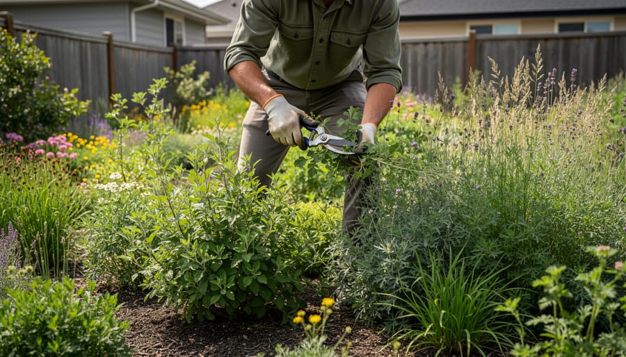 Gardener pruning vigorous native shrub growth with hand pruners