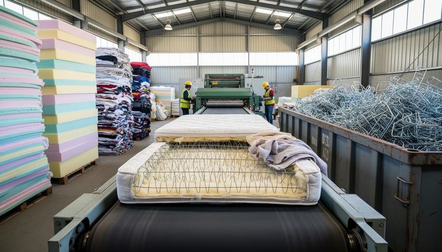 Workers sorting mattress components including springs, foam, and fabric at recycling facility