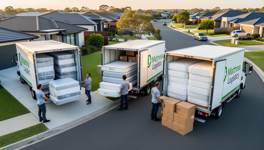 Delivery worker unloading wrapped mattresses from truck at warehouse