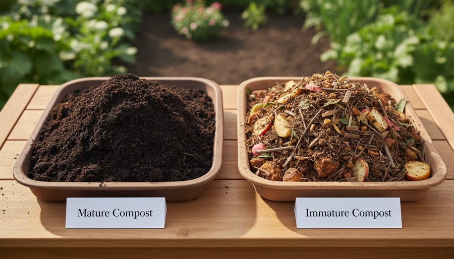 Two hands comparing finished dark compost with immature pale compost side by side
