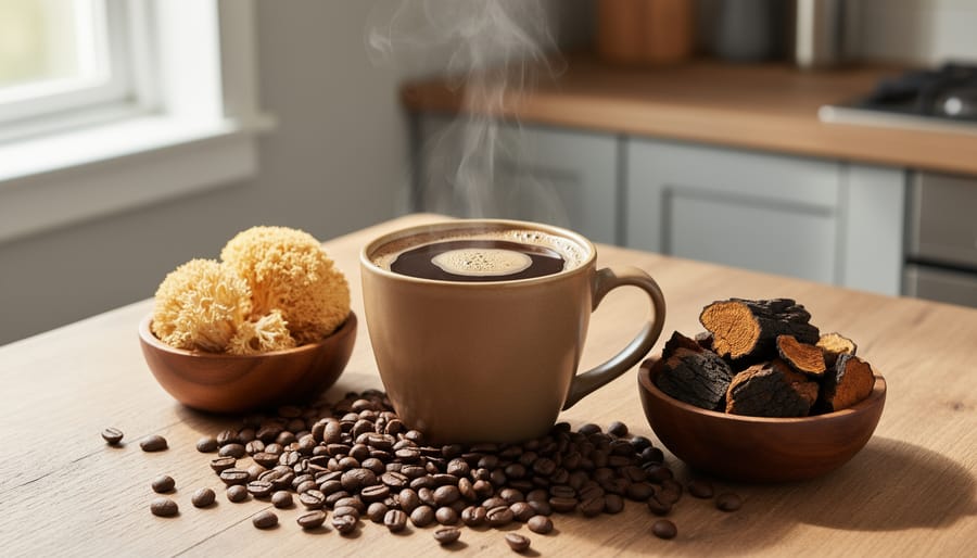 Cup of mushroom coffee on wooden table with fresh medicinal mushrooms beside it