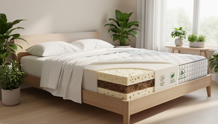 Close-up cross-section of natural latex foam mattress showing cellular structure and organic cotton layer