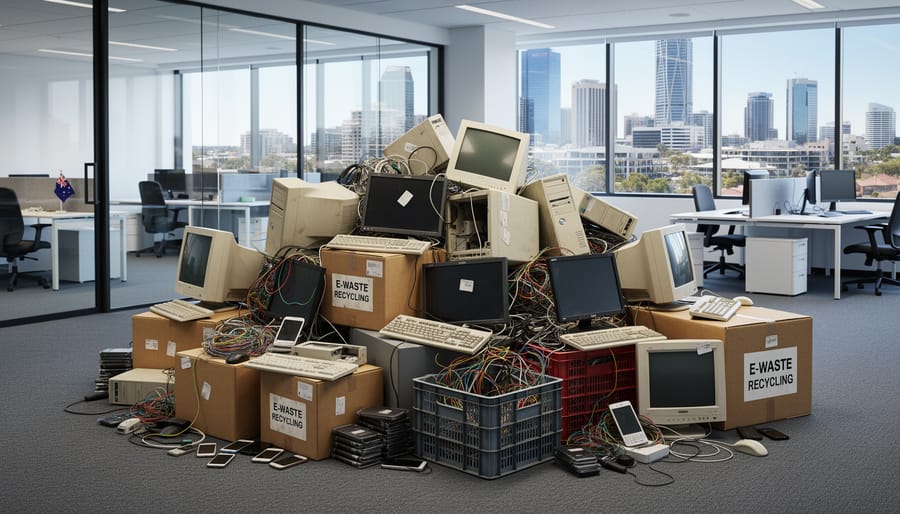 Office desk with pile of obsolete electronic equipment including computers, monitors, phones and cables