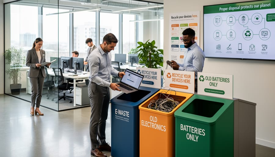 Office employees depositing old electronics into designated e-waste recycling collection bins