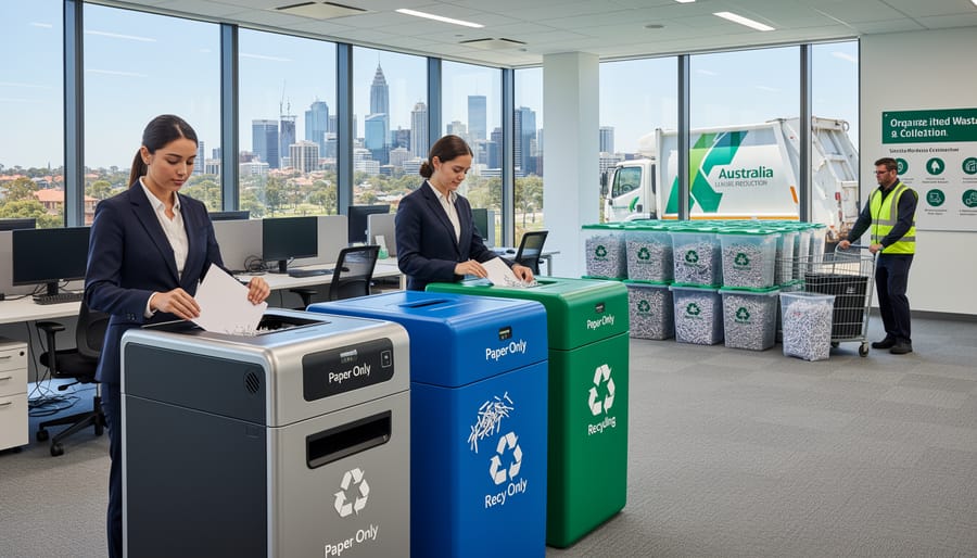 Modern office paper shredder with organized document collection system on desk