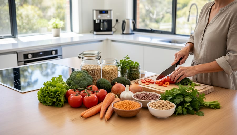 Colorful array of fresh vegetables and legumes on kitchen counter in natural lighting