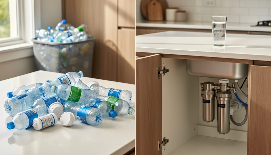 Collection of single-use plastic water bottles and disposable filter cartridges showing environmental waste