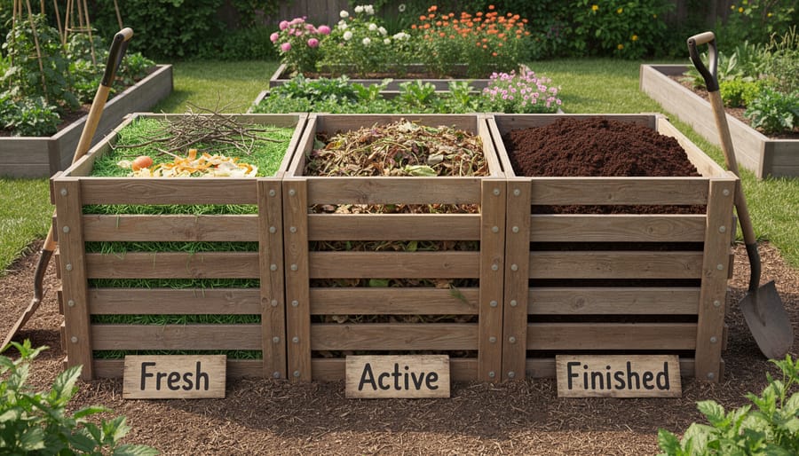 Three-compartment wooden compost bin system in Australian garden setting