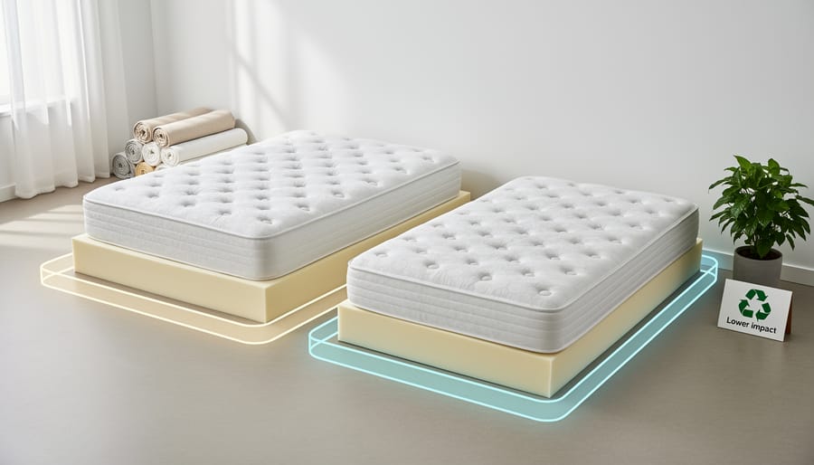 Overhead view comparing queen and full mattress sizes side-by-side on wooden floor