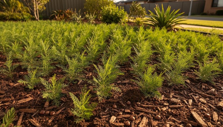 Multiple Acacia seedlings growing densely together in mulched garden soil