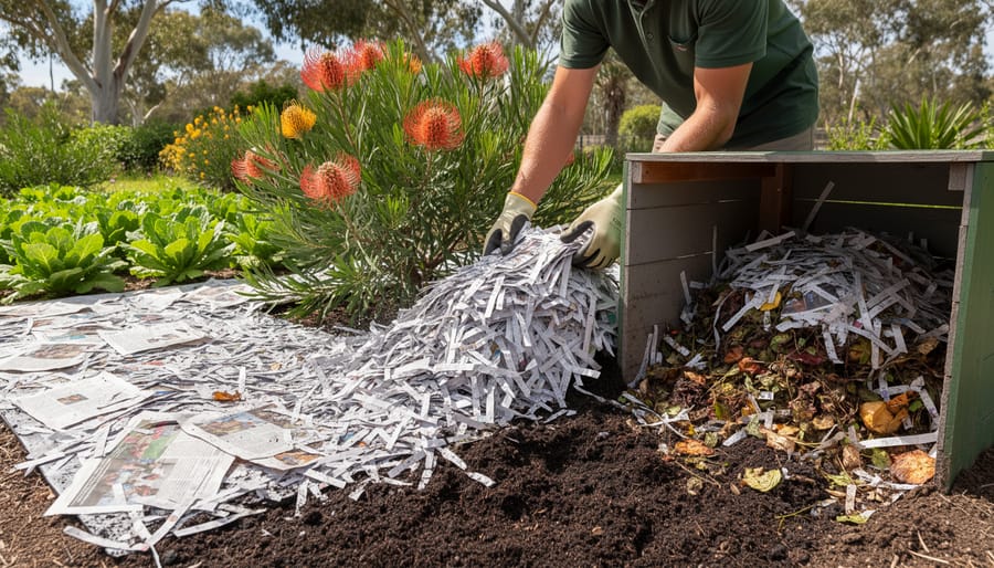 Gardener applying shredded paper as mulch around vegetable plants in garden bed
