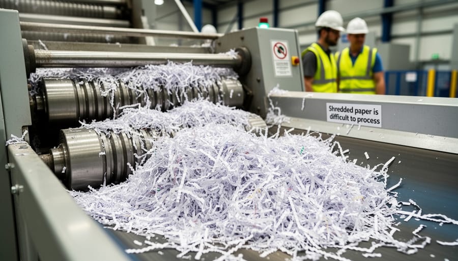 Close-up of shredded paper pieces caught in recycling machinery equipment